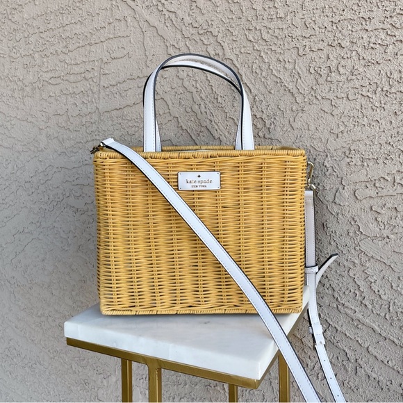 KATE SPADE Wicker Rattan Lemon Zest Printed Woven Picnic Satchel Box Bag - Picture 4 of 16